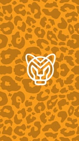 White line art tiger head icon centered on a golden and brown leopard print background pattern
